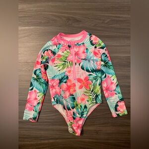 Wonder Nation Pink and Green Vibrant Floral Kids Rashguard one piece size 4T